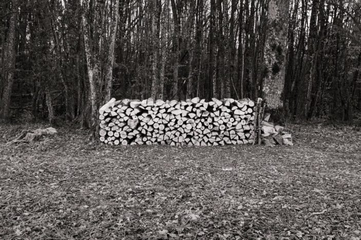Photo noir et blanc, un tas de bois coupé, bien rangé, au bord d’un bois