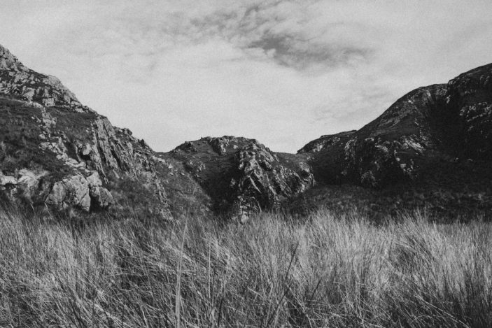 Photo noir et blanc, paysage irlandais, de hautes herbes devant une petite montagne